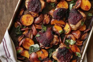 Sheet Pan Chicken and Sweet Potatoes Easy Weeknight Dinner SHEET PAN CHICKEN AND SWEET POTATOES centered hero view, clean and uncluttered