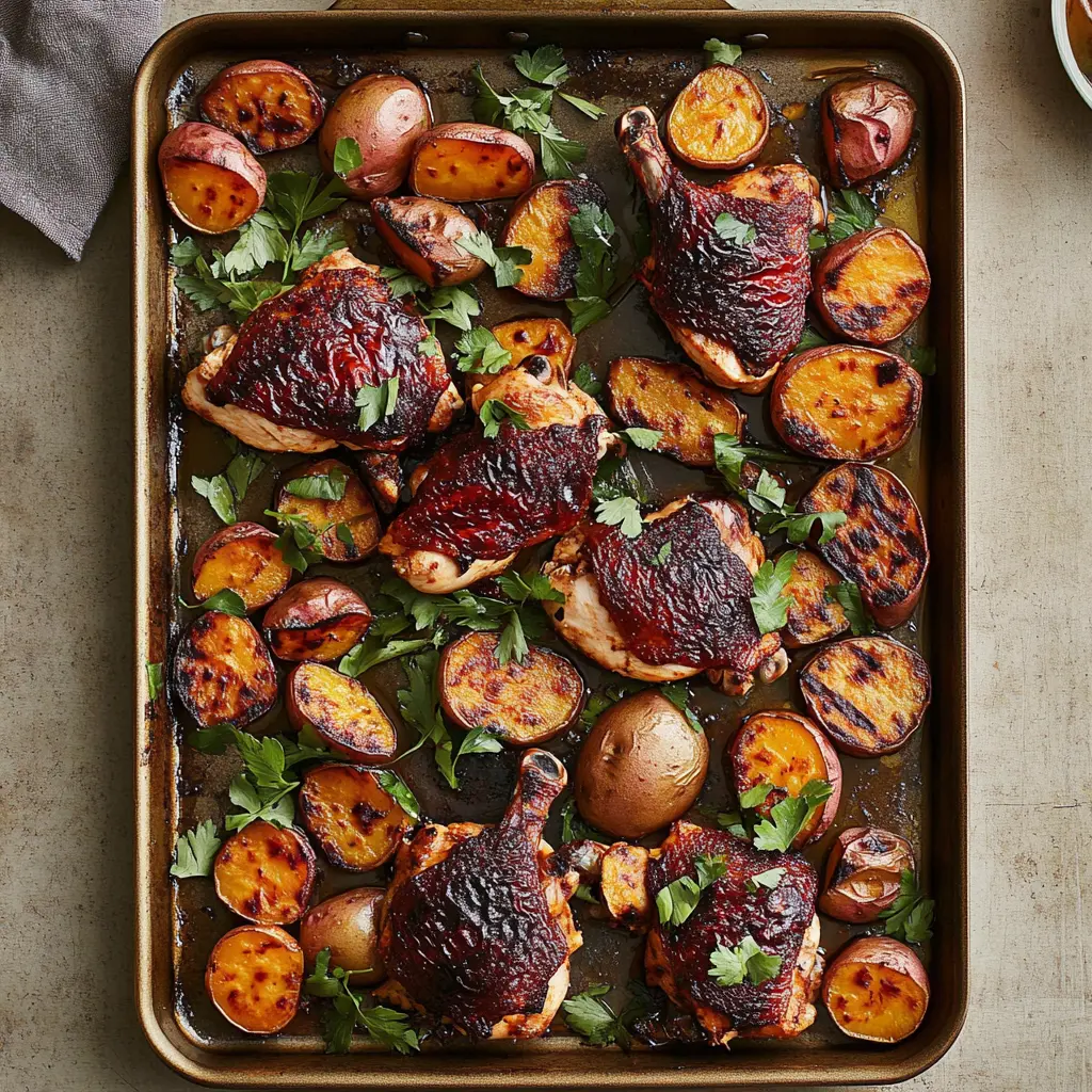Sheet pan chicken and sweet potatoes centered hero view, clean and uncluttered