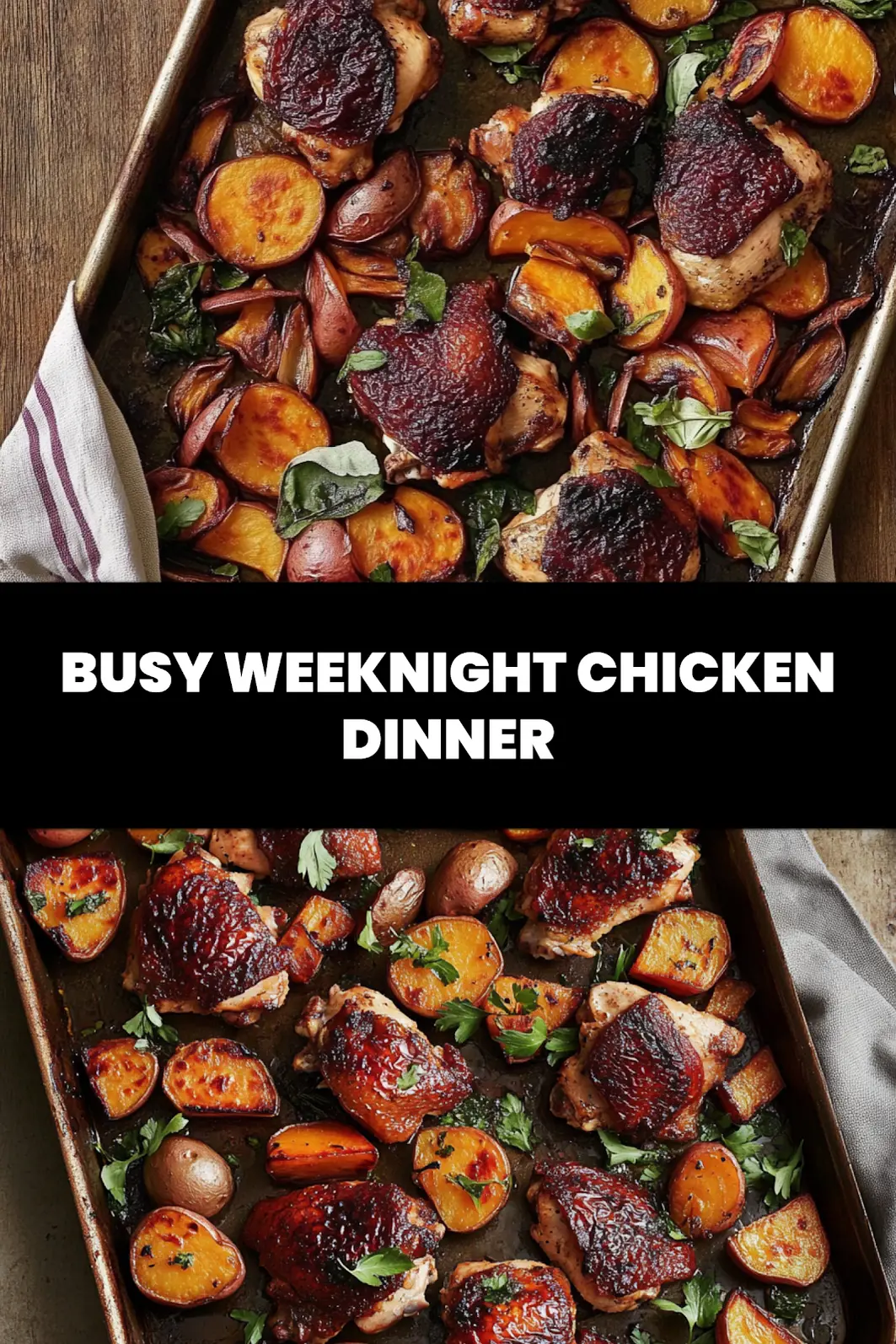 Sheet pan chicken and sweet potatoes centered hero view, clean and uncluttered