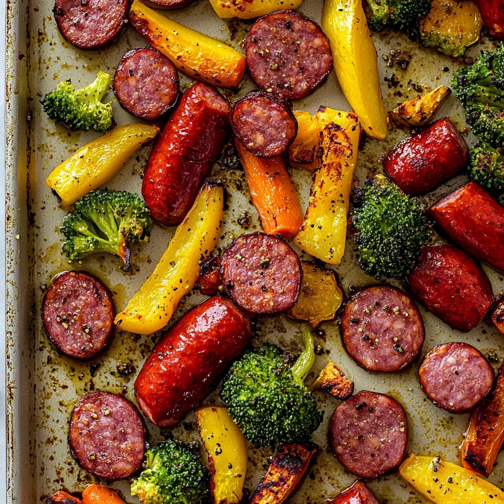 Sheet Pan Sausage and Vegetables Easy Weeknight Dinner 3 Sheet pan sausage and vegetables with crispy edges and caramelized broccoli