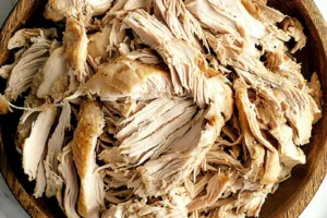 Slow Cooker Shredded Chicken Easy Weeknight Dinner SLOW COOKER SHREDDED CHICKEN centered hero view, clean and uncluttered