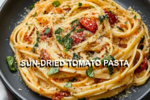 Sun-Dried Tomato Pasta Recipe Easy Quick and Delicious SUN-DRIED TOMATO PASTA centered hero view, clean and uncluttered