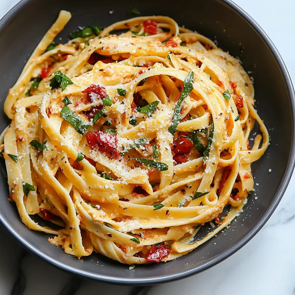 SUN-DRIED TOMATO PASTA centered hero view, clean and uncluttered
