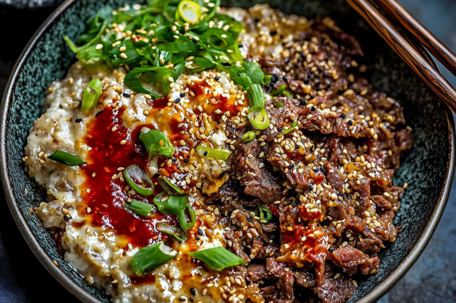 20 MINUTE KOREAN GOCHUJANG BEEF BOWLS centered hero view, clean and uncluttered