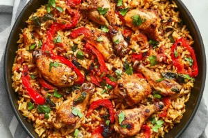 30 Minute One Pan Chicken and Rice Easy Weeknight Dinner 30 MINUTE ONE PAN CHICKEN AND RICE centered hero view, clean and uncluttered