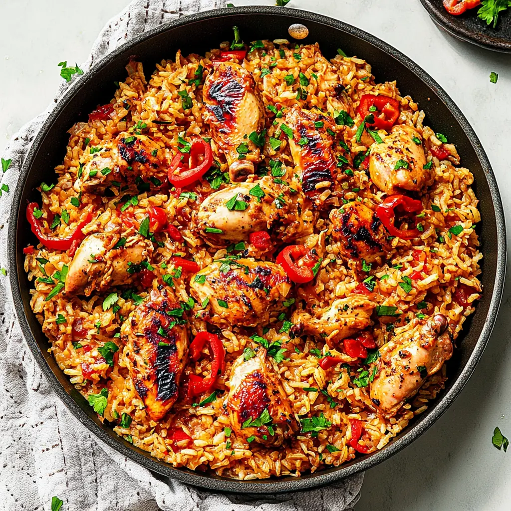 30 Minute One Pan Chicken and Rice Easy Weeknight Dinner 3 30 Minute One Pan Chicken and Rice centered hero view, clean and uncluttered