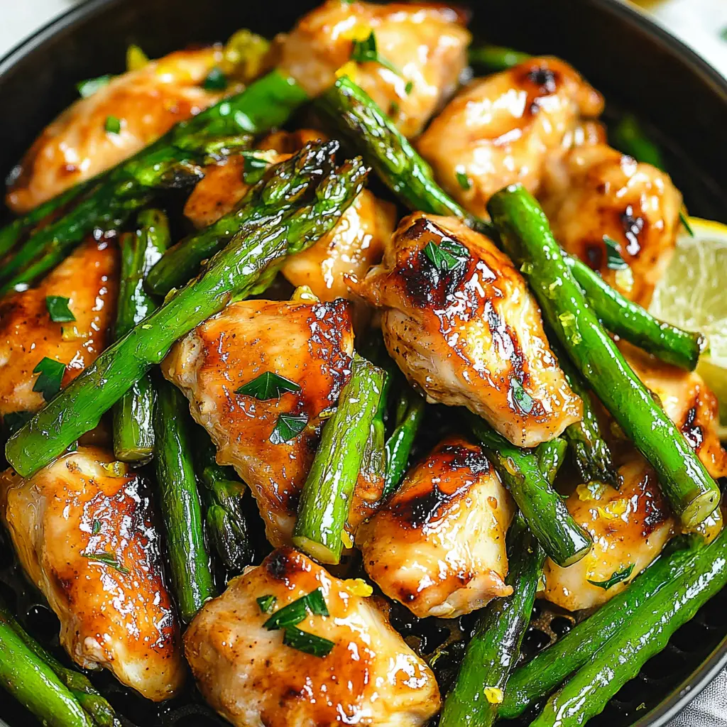 Air fryer chicken breast with asparagus and lemon, centered hero view, clean and uncluttered
