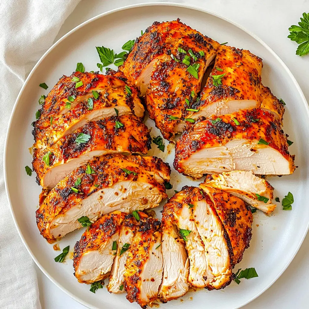 Air fryer chicken breast on a plate, golden and juicy
