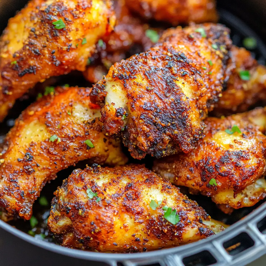 Crispy air fryer chicken wings on a white plate, golden brown and perfectly cooked