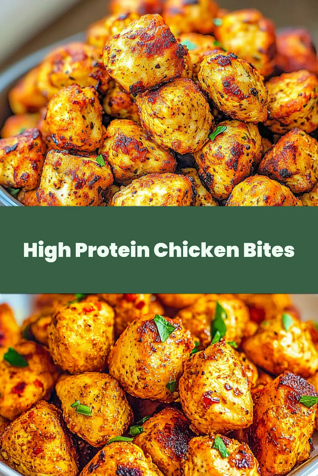 AIR FRYER HIGH PROTEIN CHICKEN BITES centered hero view, clean and uncluttered_pin