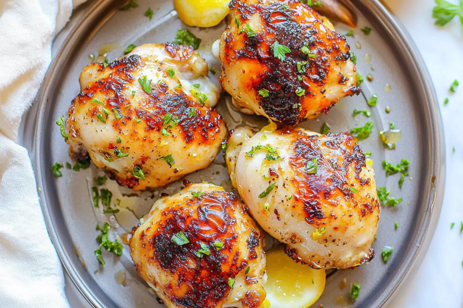AIR FRYER LEMON GARLIC CHICKEN THIGHS centered hero view, clean and uncluttered