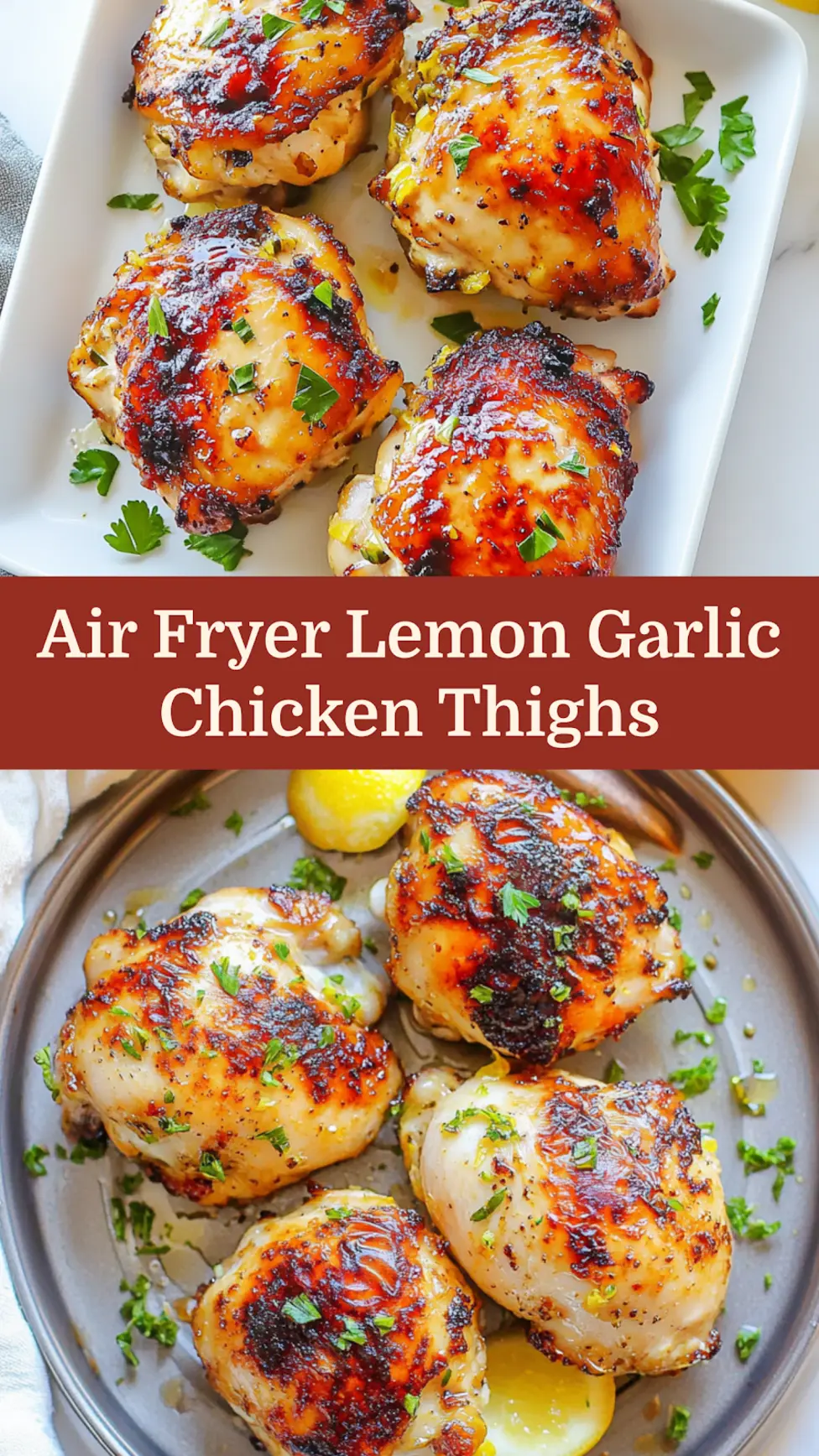 Air fryer lemon garlic chicken thighs recipe pin