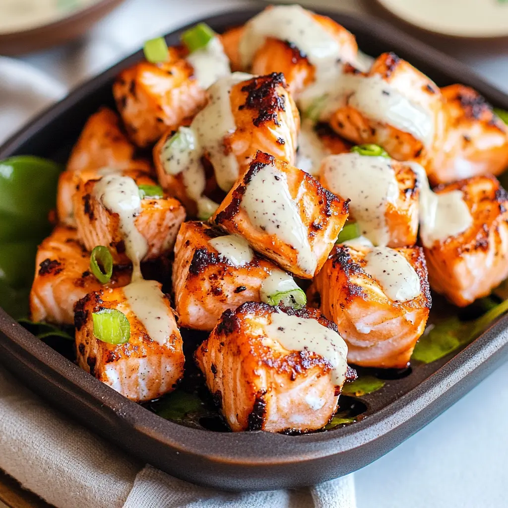 Air fryer salmon bites with golden crispy edges on a clean white plate