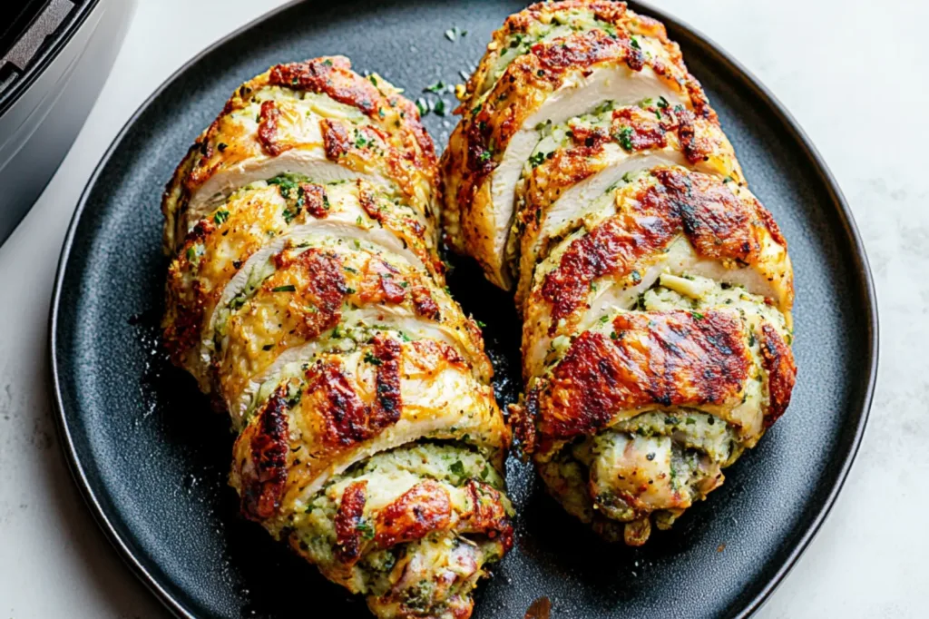 AIR FRYER STUFFED CHICKEN BREASTS centered hero view, clean and uncluttered