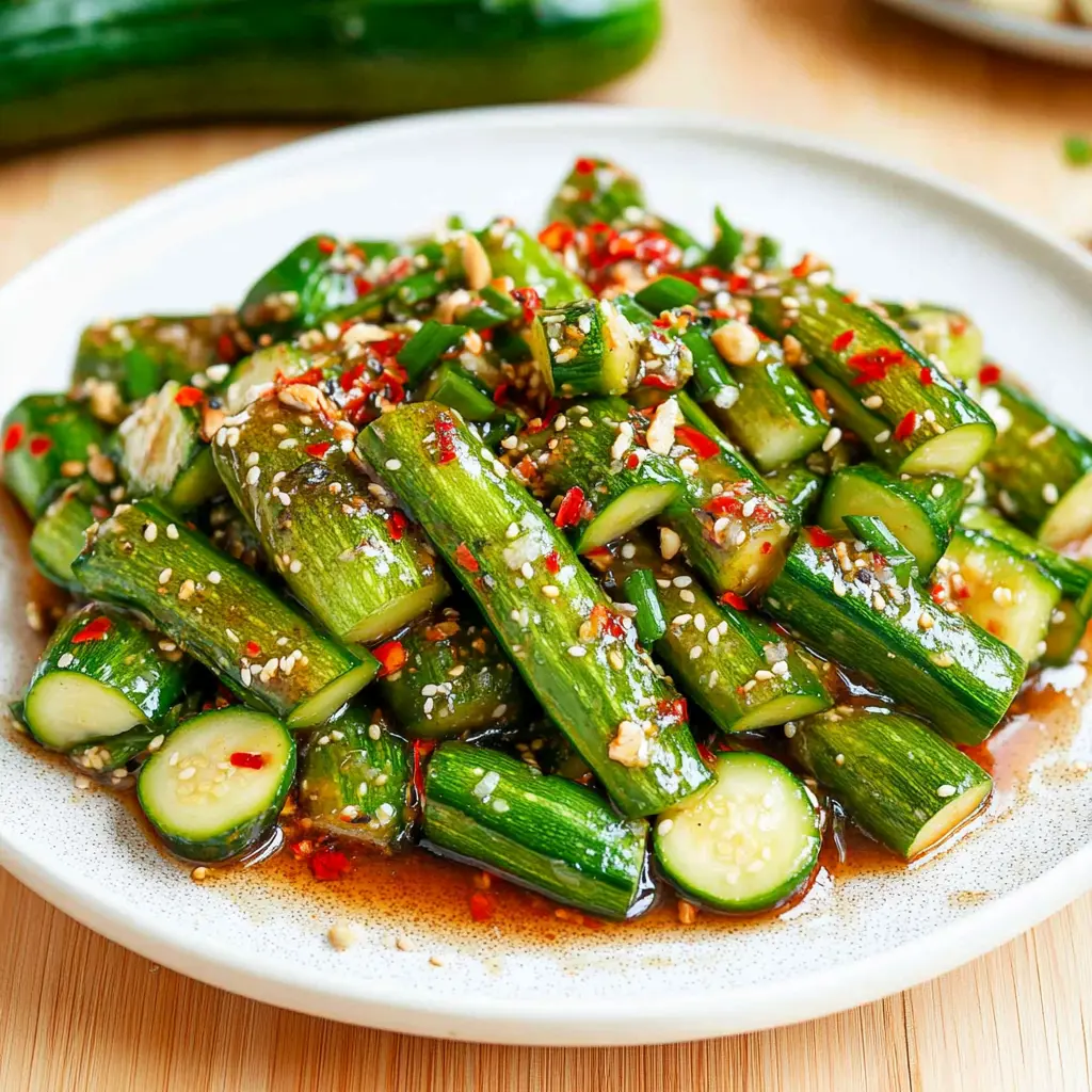 Asian cucumber salad with sesame seeds and chili oil, fresh and vibrant