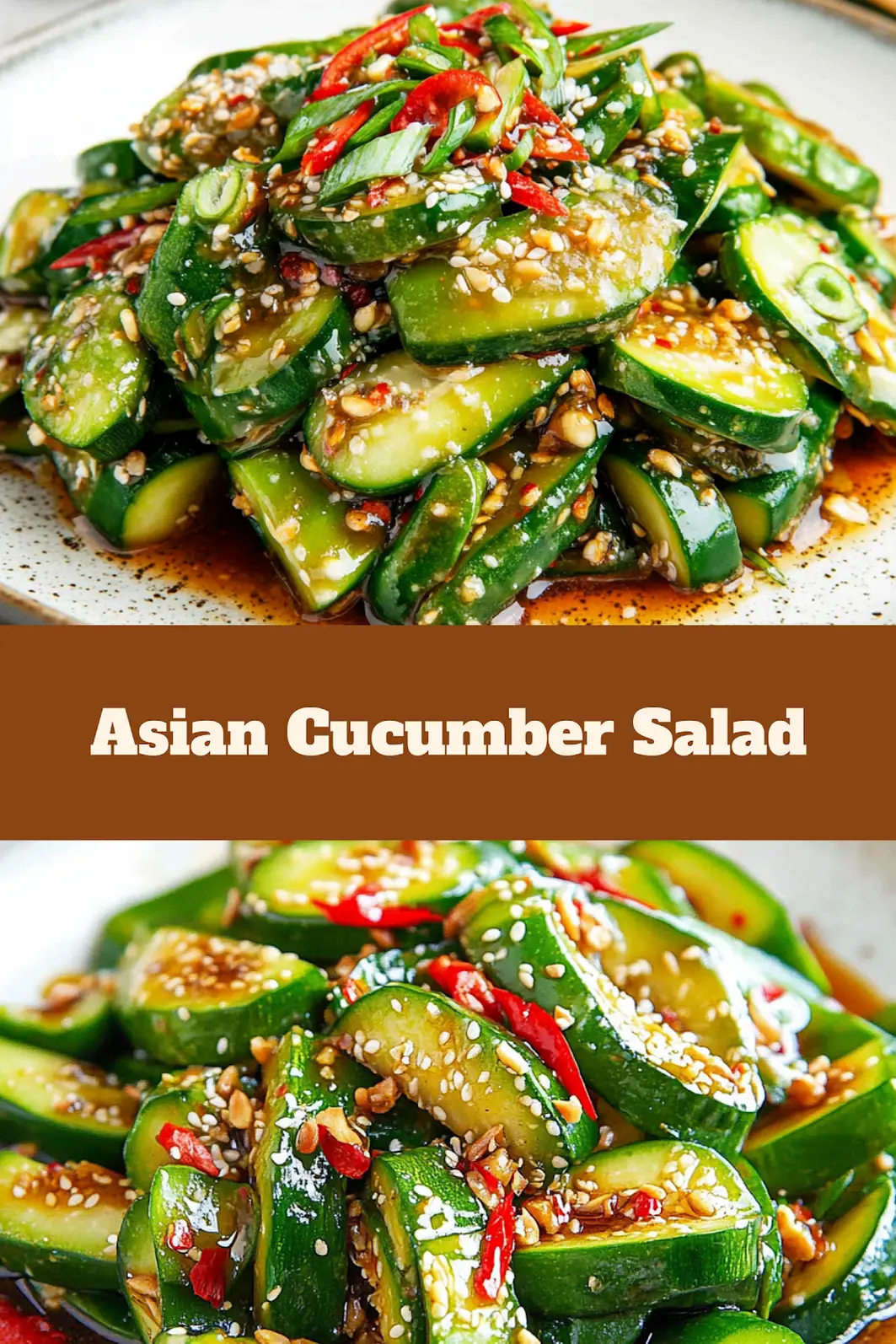 Asian cucumber salad recipe pin image with spiral cut cucumbers and sesame garnish