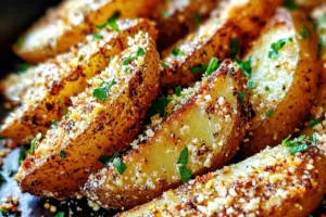 BAKED GARLIC PARMESAN POTATO WEDGES centered hero view, clean and uncluttered