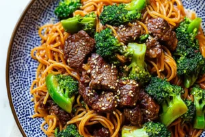 BEEF AND BROCCOLI LO MEIN NOODLES centered hero view, clean and uncluttered