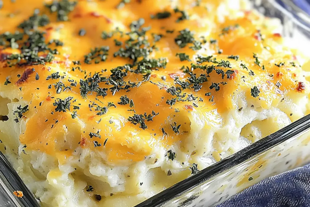 BEST CHEESY POTATO CASSEROLE centered hero view, clean and uncluttered