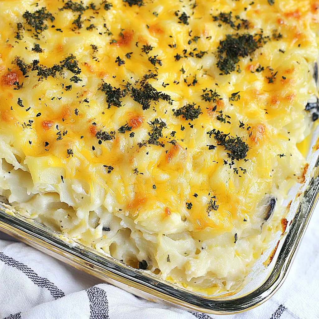 Best Cheesy Potato Casserole in baking dish with golden bubbly cheese topping