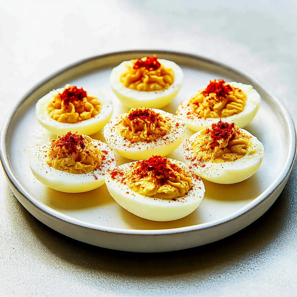 BEST DEVILED EGGS RECIPE centered hero view, clean and uncluttered