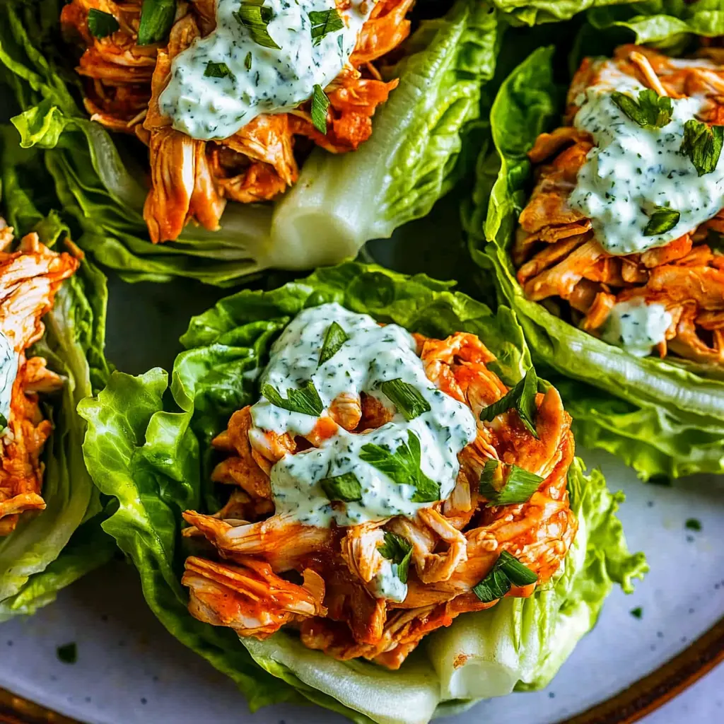Buffalo chicken lettuce wraps with fresh celery, red onion, and creamy dressing
