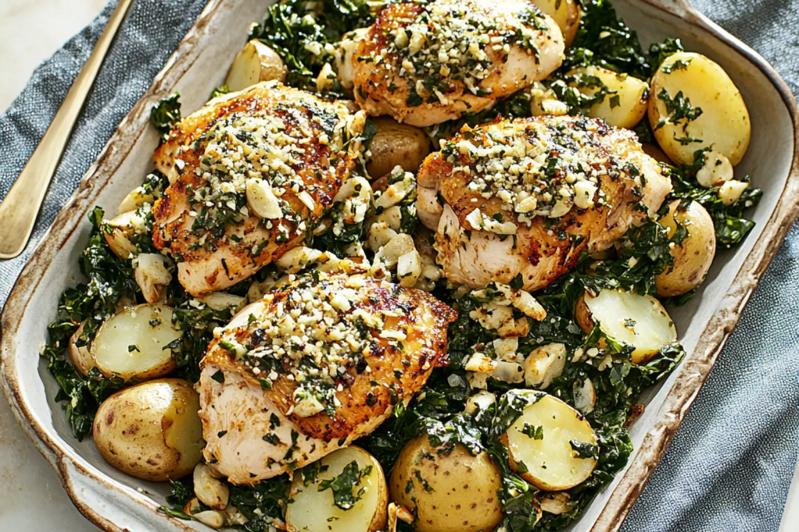 CHICKEN AND POTATOES WITH GARLIC PARMESAN centered hero view, clean and uncluttered