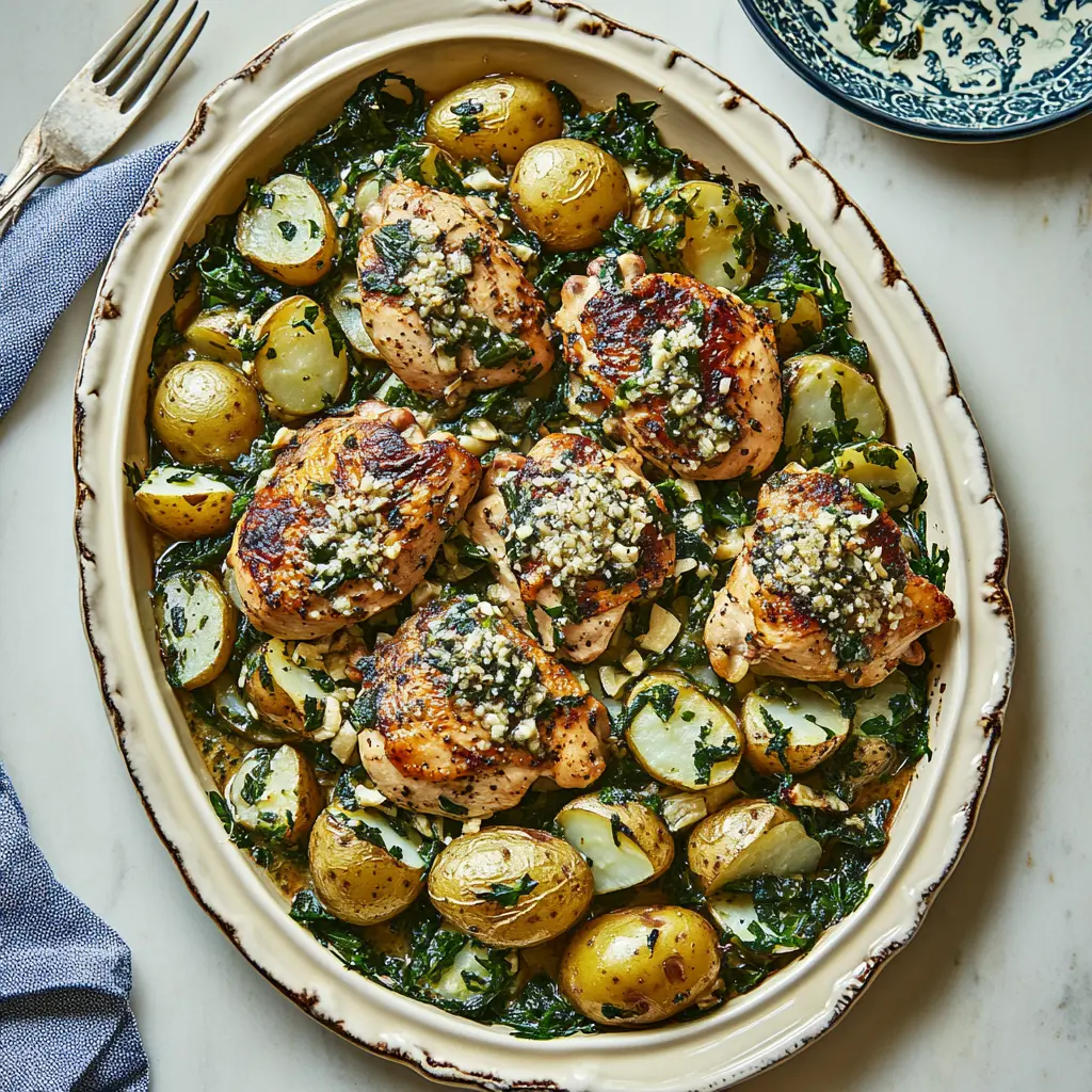 CHICKEN AND POTATOES WITH GARLIC PARMESAN centered hero view, clean and uncluttered