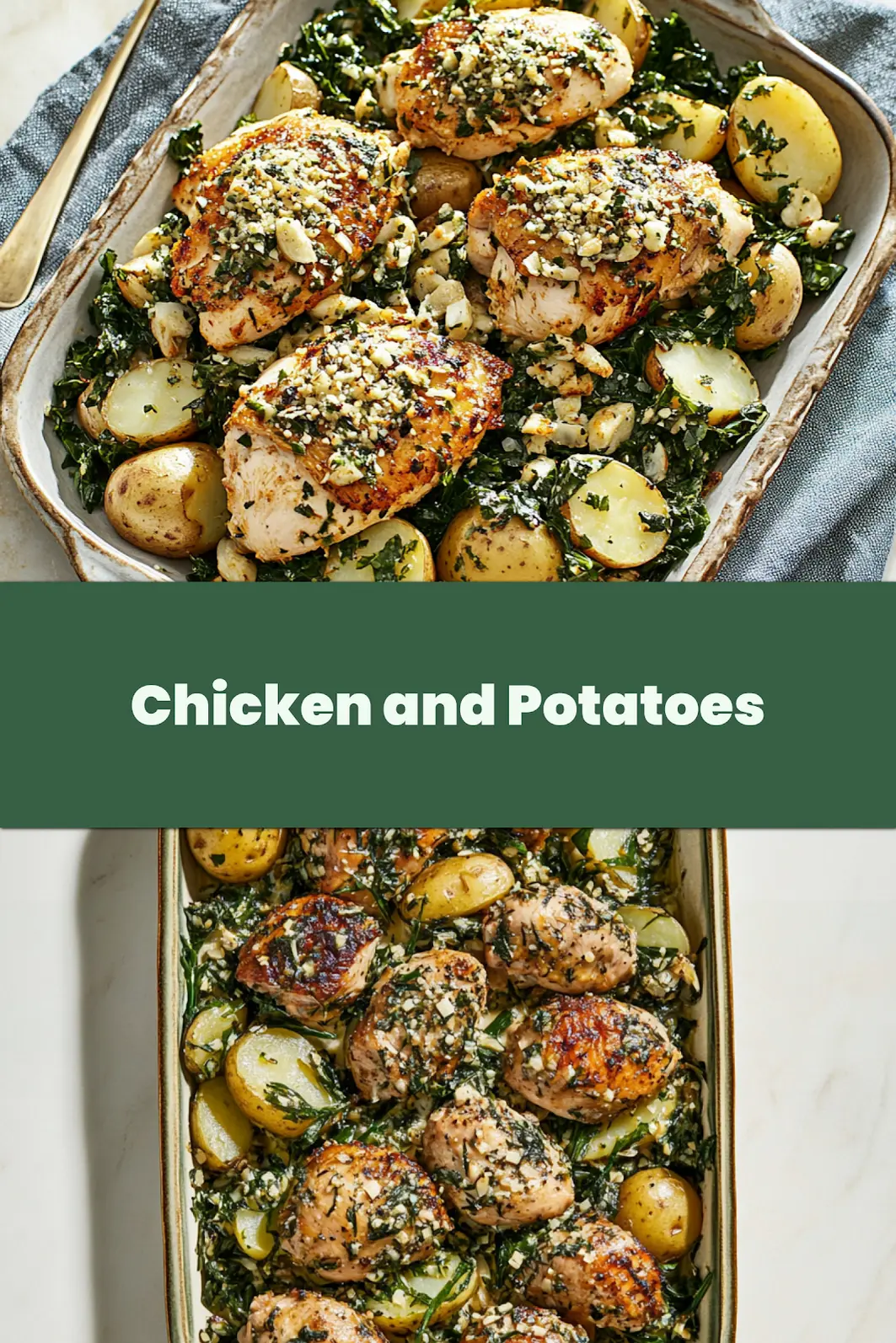 CHICKEN AND POTATOES WITH GARLIC PARMESAN centered hero view, clean and uncluttered
