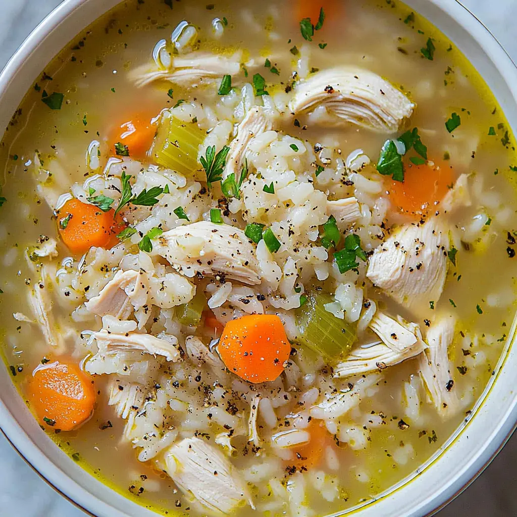 Chicken and rice soup in a bowl, golden broth with tender chicken and vegetables