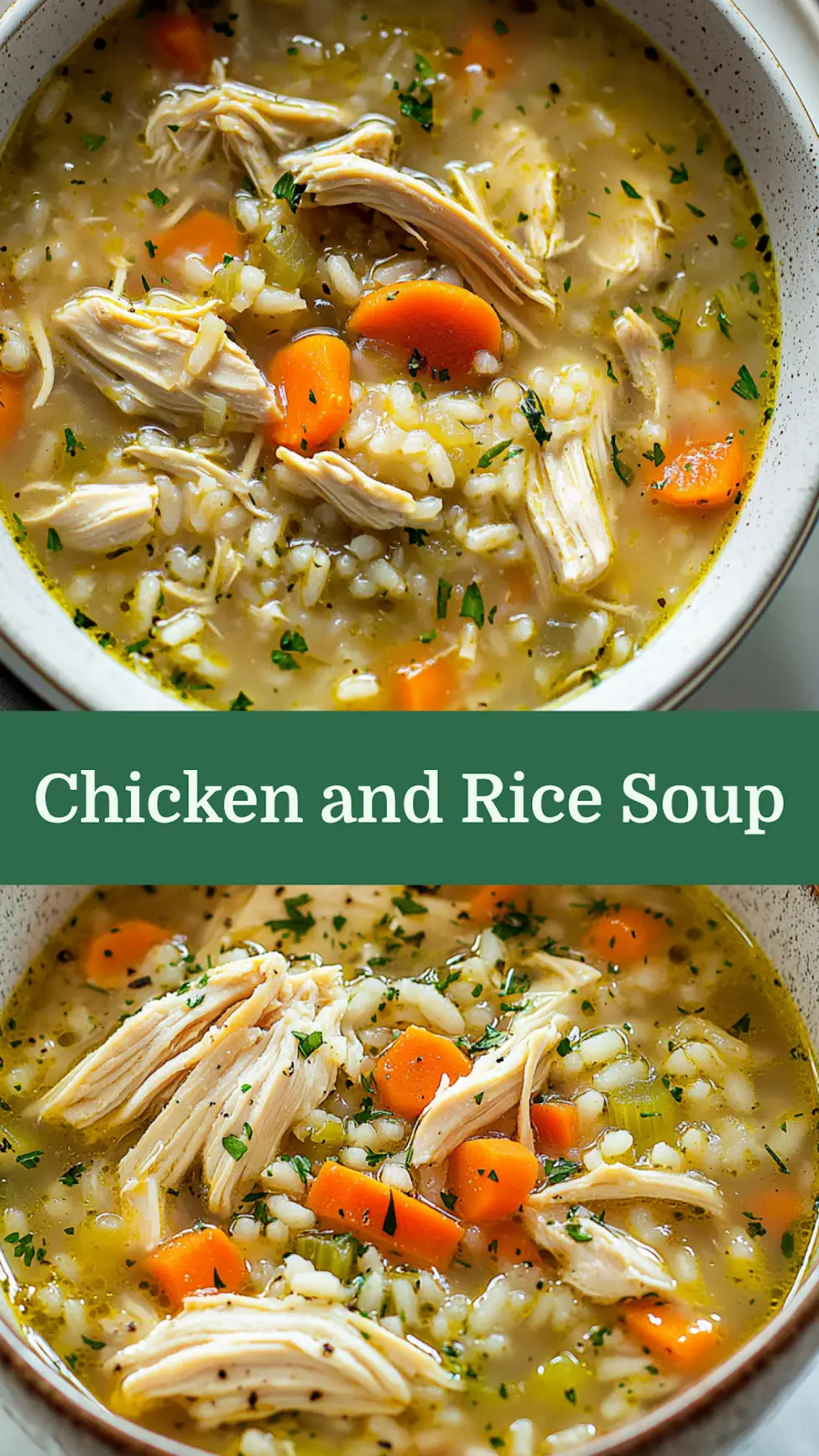 Chicken and rice soup pin image with golden broth and hearty ingredients