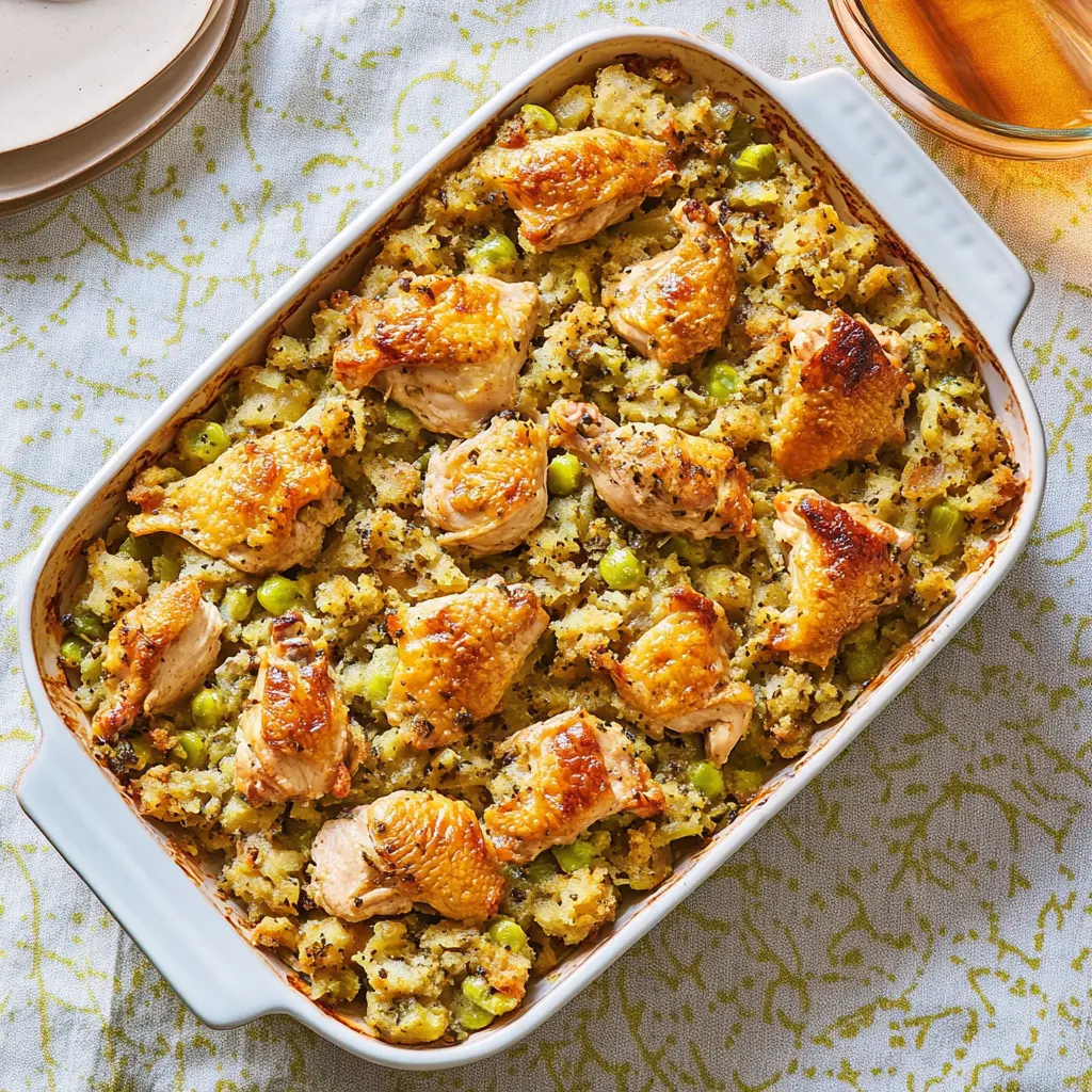 Chicken and stuffing casserole with golden-brown chicken thighs centered on savory stuffing