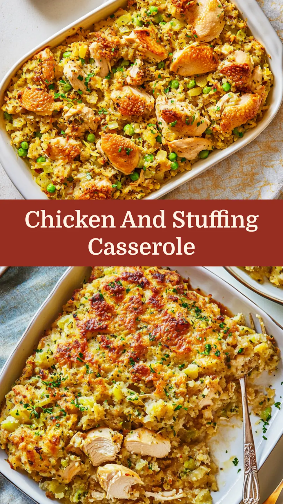 Chicken and stuffing casserole pin-ready image with golden chicken and herbed stuffing
