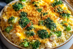 CHICKEN BROCCOLI RICE CASSEROLE centered hero view, clean and uncluttered