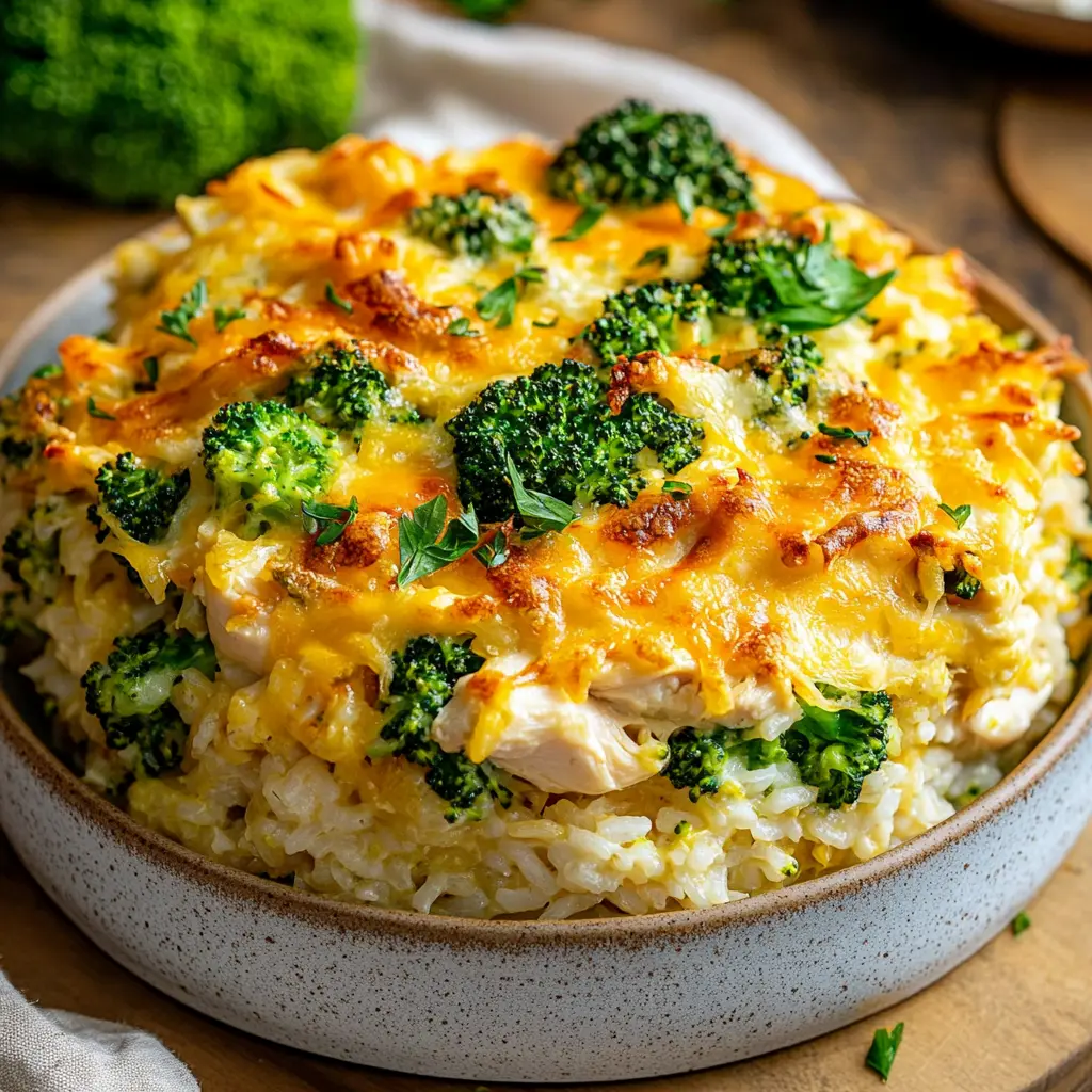 Chicken Broccoli Rice Casserole centered hero view, clean and uncluttered