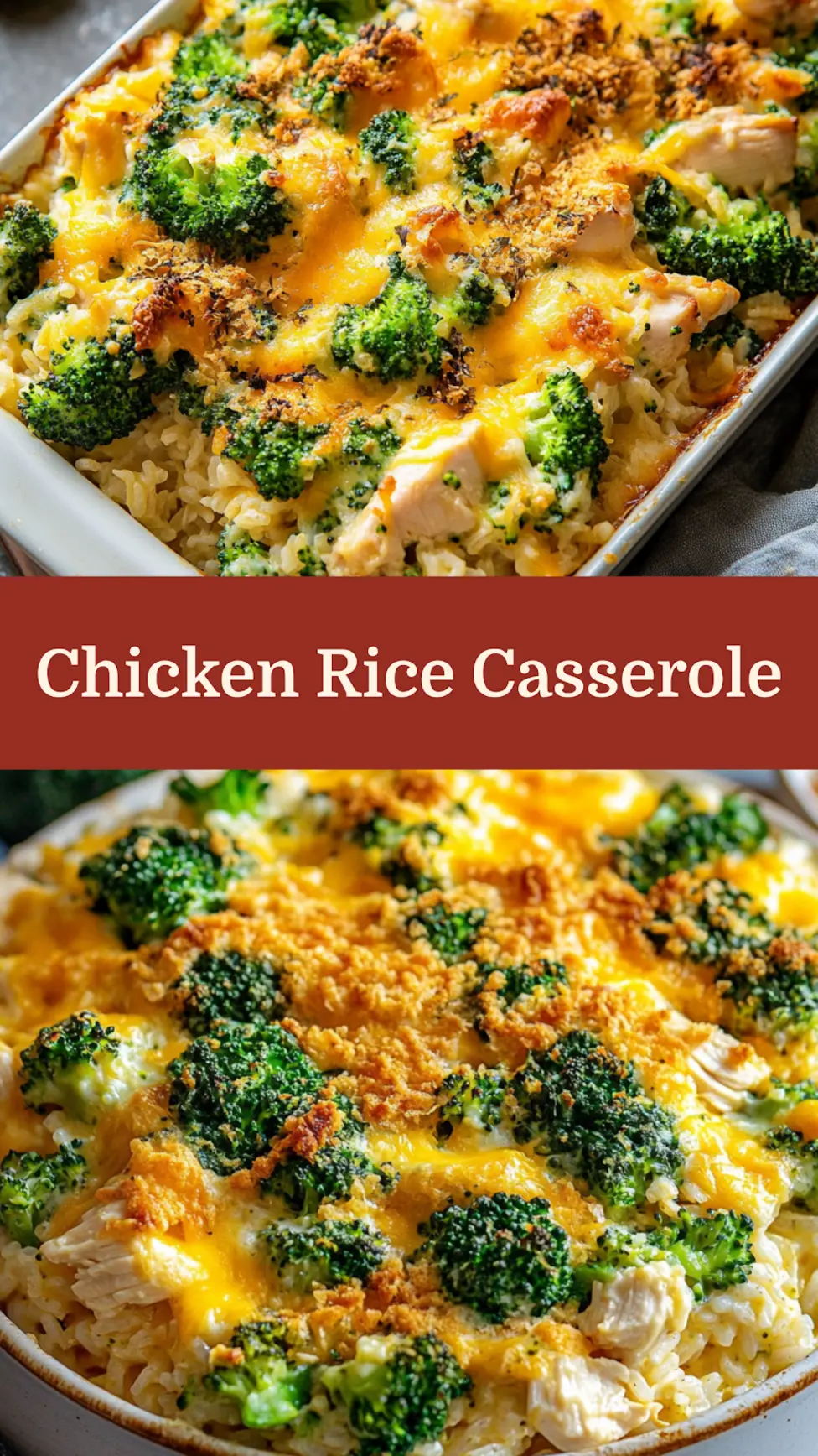 Chicken Broccoli Rice Casserole centered hero view, clean and uncluttered