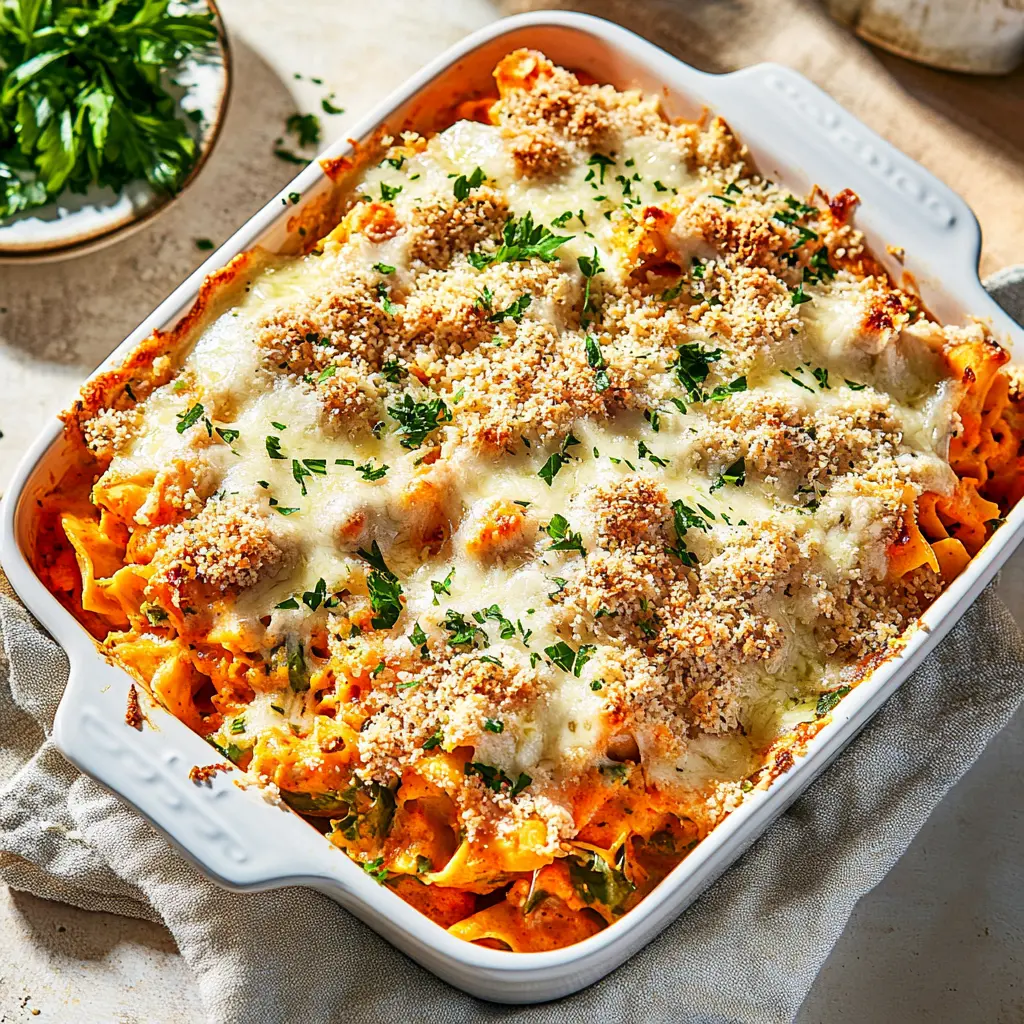 CHICKEN PARMESAN CASSEROLE recipe, served and ready to eat, easy homemade dinner
