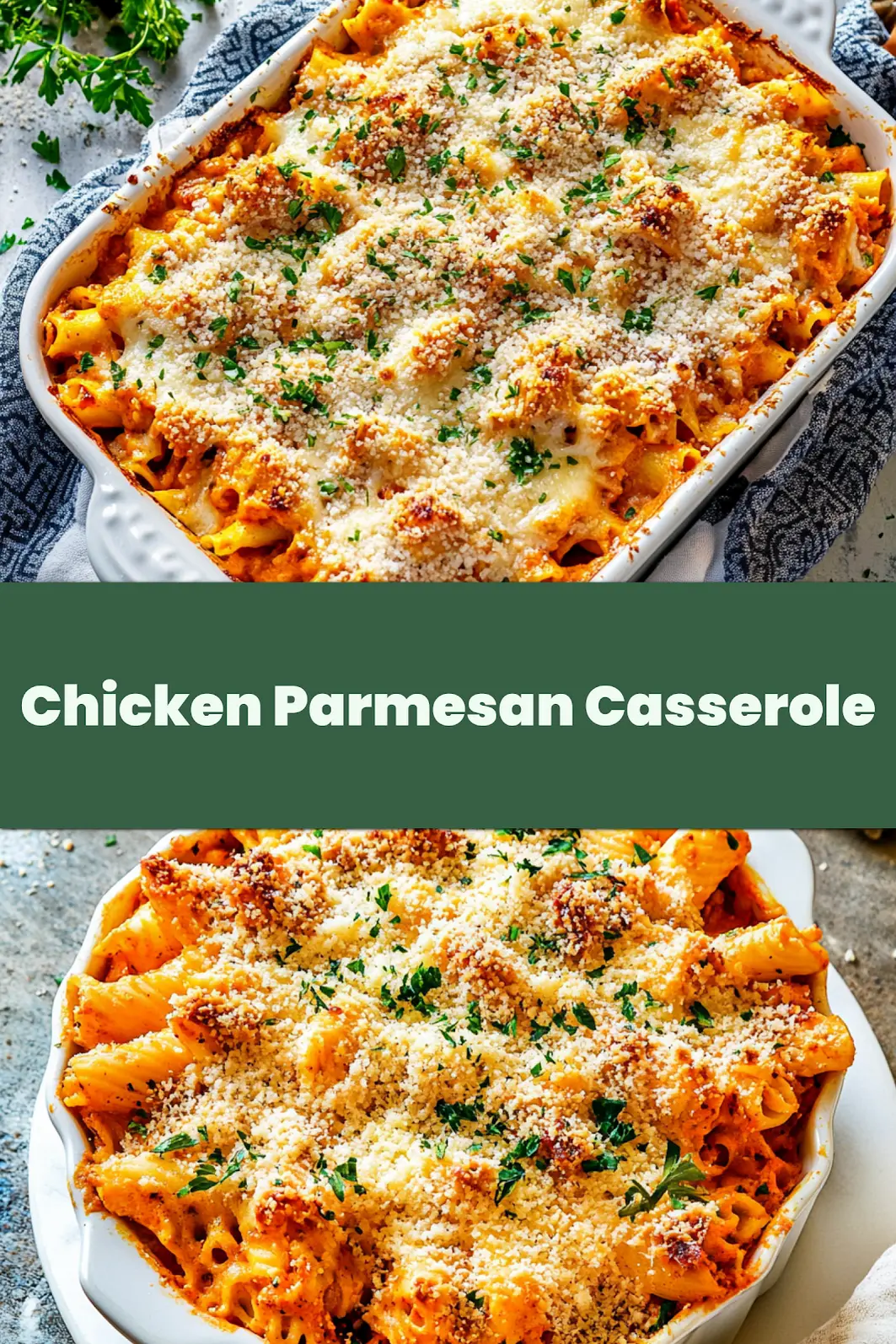 CHICKEN PARMESAN CASSEROLE recipe, served and ready to eat, easy homemade dinner