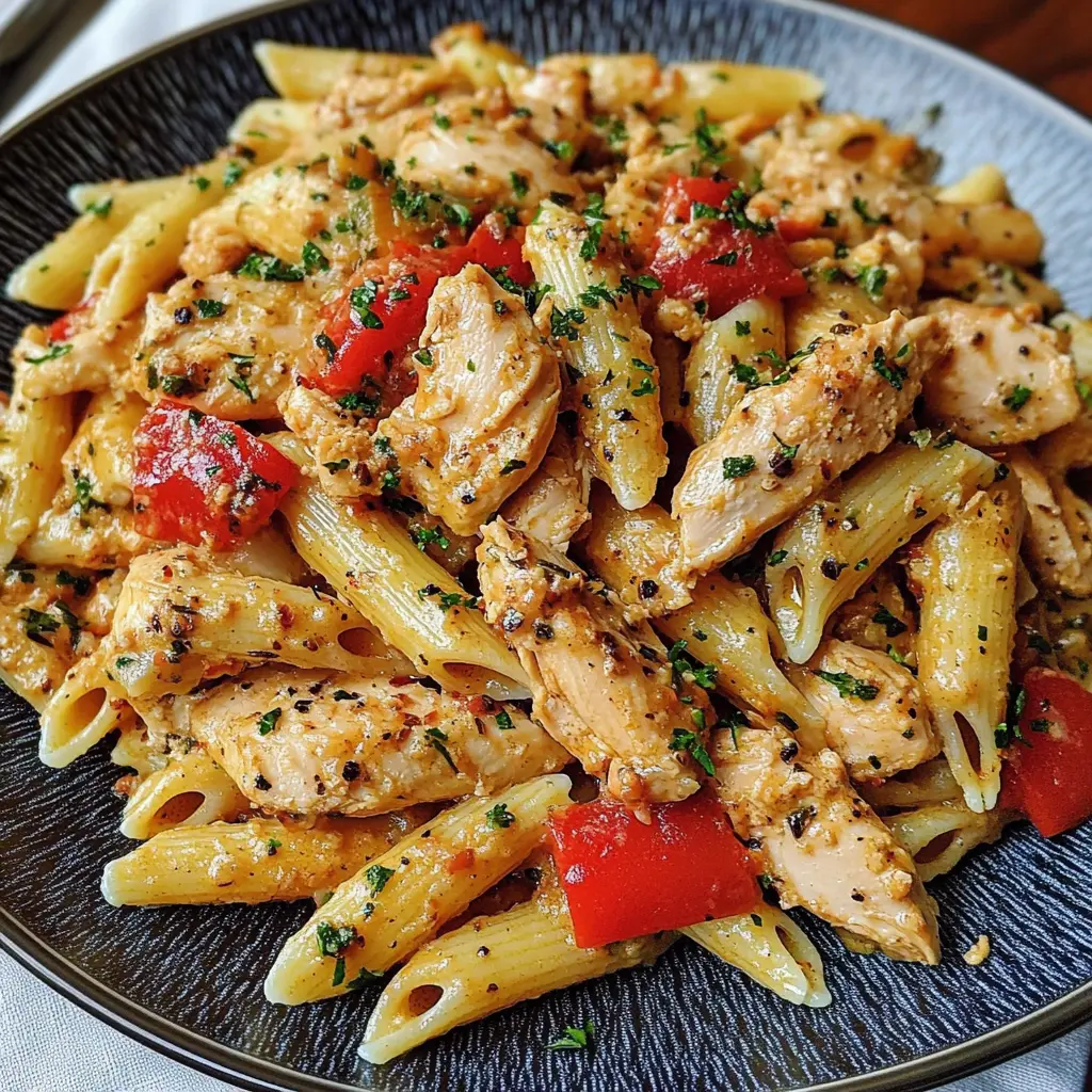 Chicken Pasta Primavera with colorful vegetables and tender chicken in a light garlic parmesan sauce