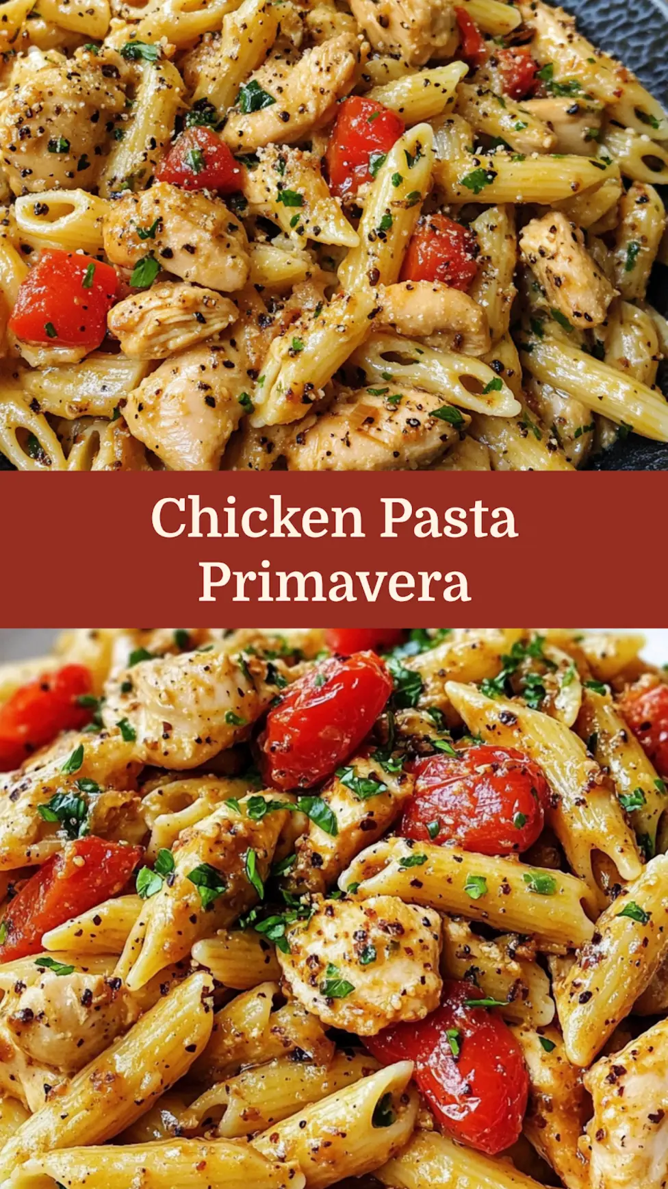 Chicken Pasta Primavera with colorful vegetables perfect for sharing and pinning