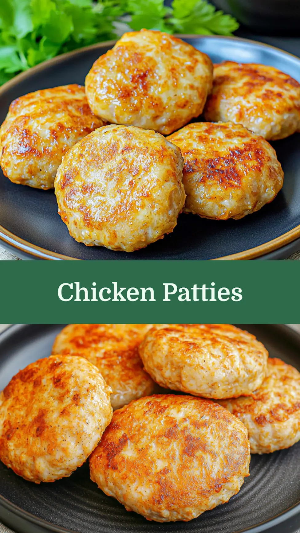 CHICKEN PATTIES IN AIR FRYER centered hero view, clean and uncluttered
