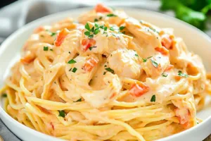 Chicken Spaghetti Recipe Easy Comforting Weeknight Dinner CHICKEN SPAGHETTI centered hero view, clean and uncluttered