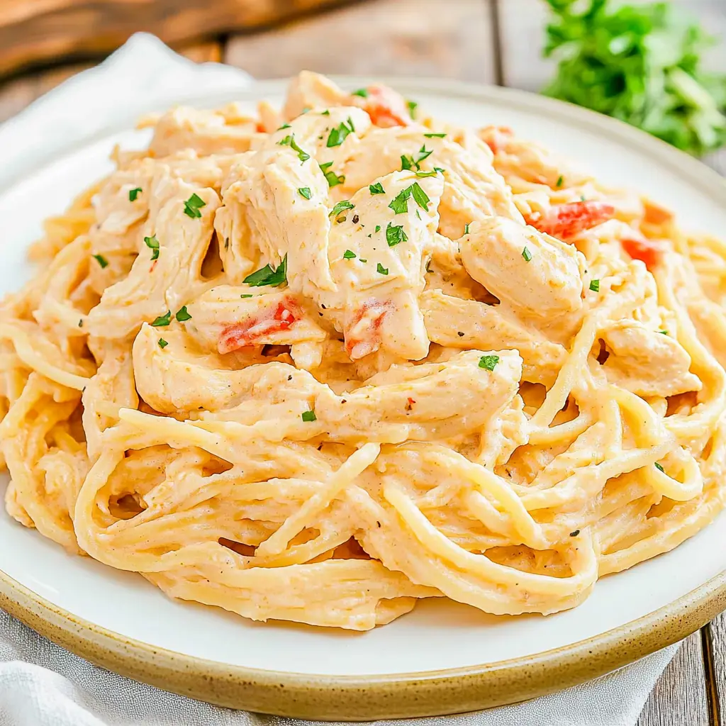 Chicken Spaghetti Recipe Easy Comforting Weeknight Dinner 3 CHICKEN SPAGHETTI centered hero view, clean and uncluttered