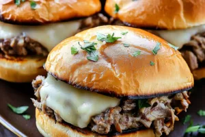 CRAFTING CROCKPOT FRENCH DIP SANDWICHES centered hero view, clean and uncluttered
