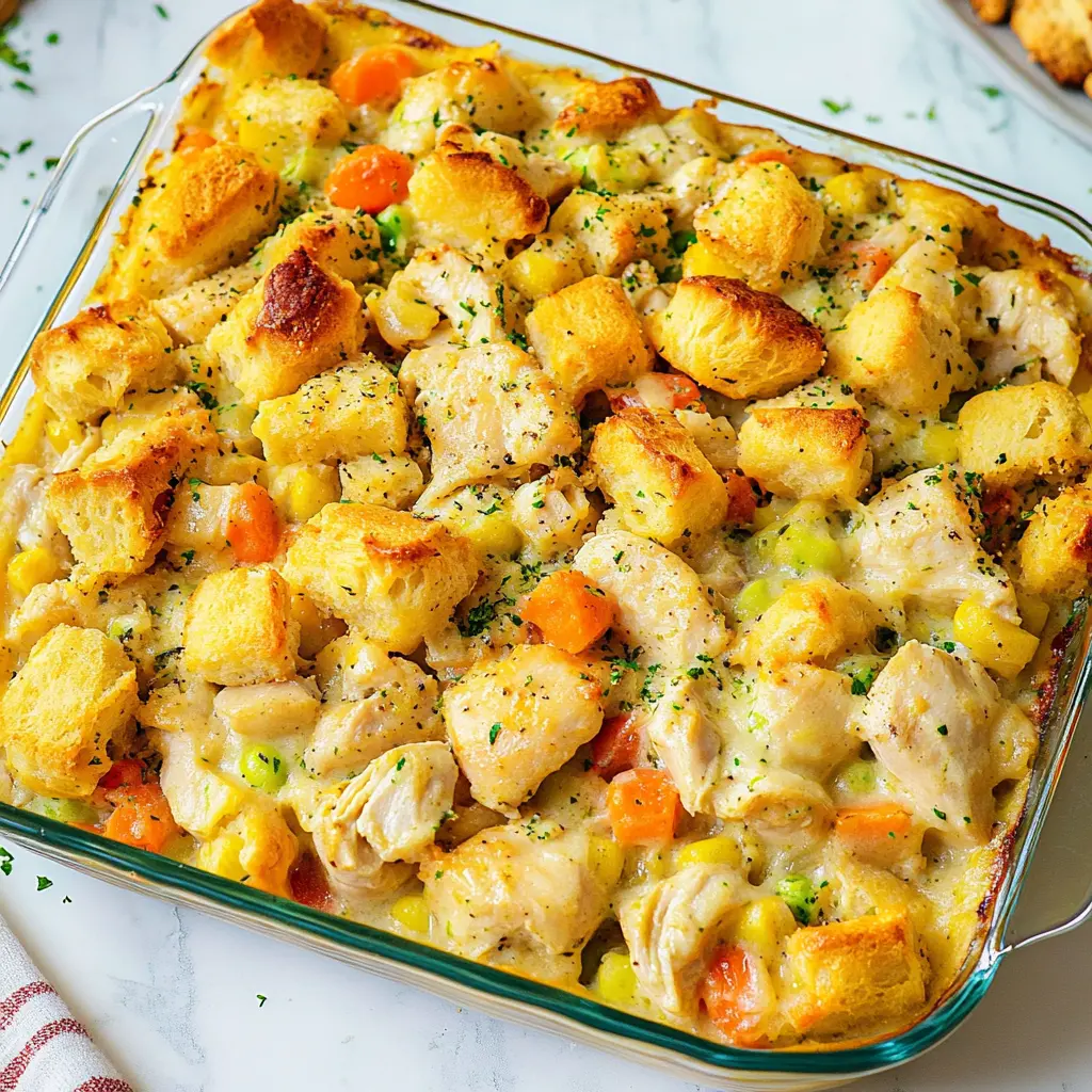 Creamy Chicken and Biscuit Casserole centered hero view, clean and uncluttered