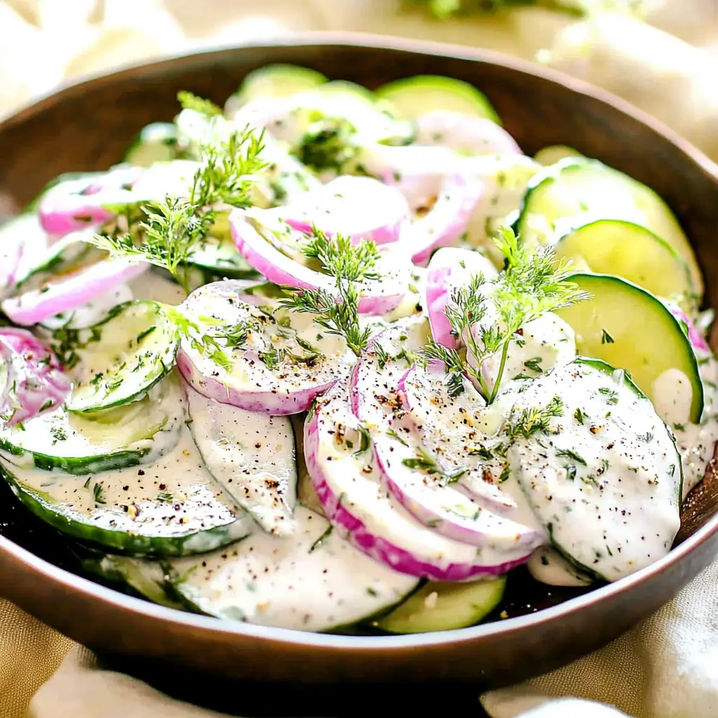 Creamy cucumber salad in a serving bowl with fresh dill and red onion slices