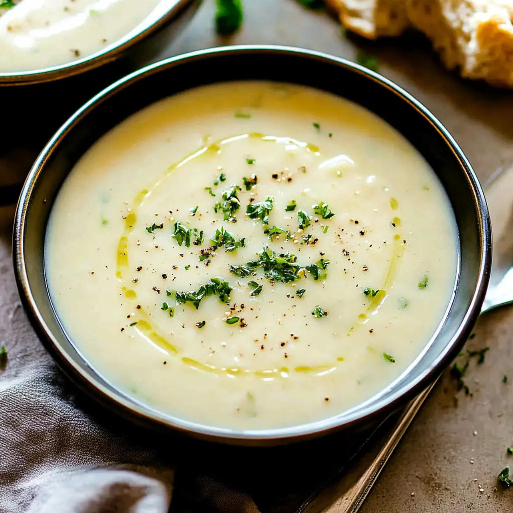 CREAMY LEEK AND POTATO SOUP centered hero view, clean and uncluttered