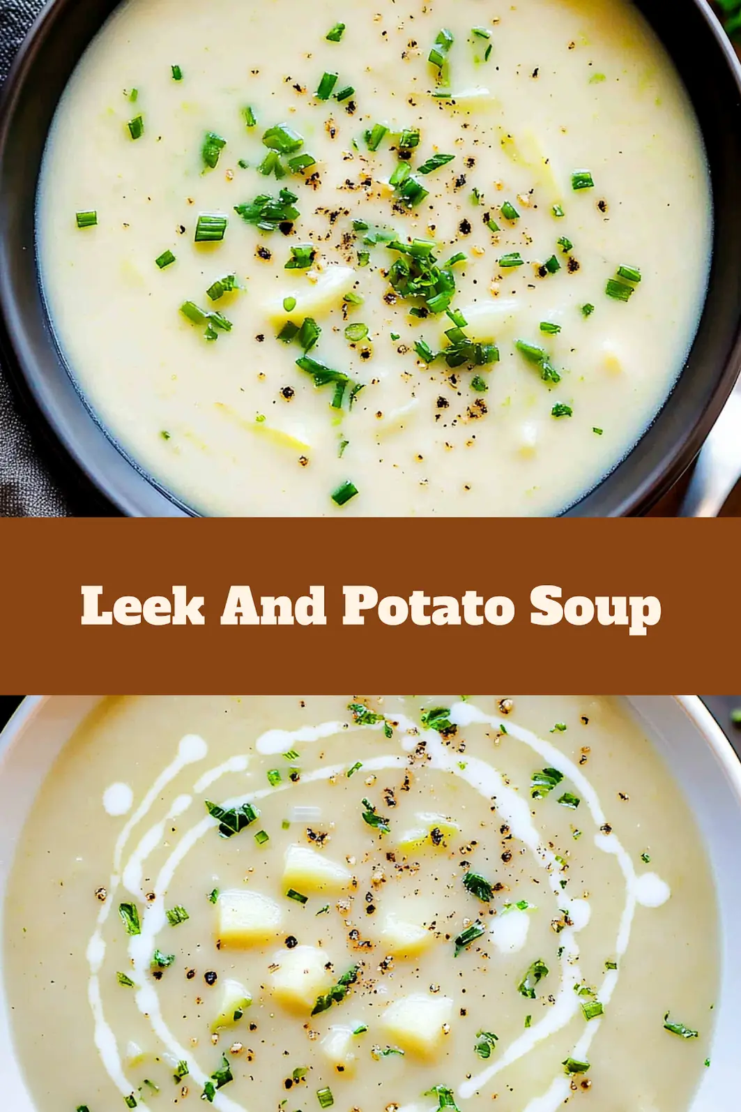 CREAMY LEEK AND POTATO SOUP centered hero view, clean and uncluttered