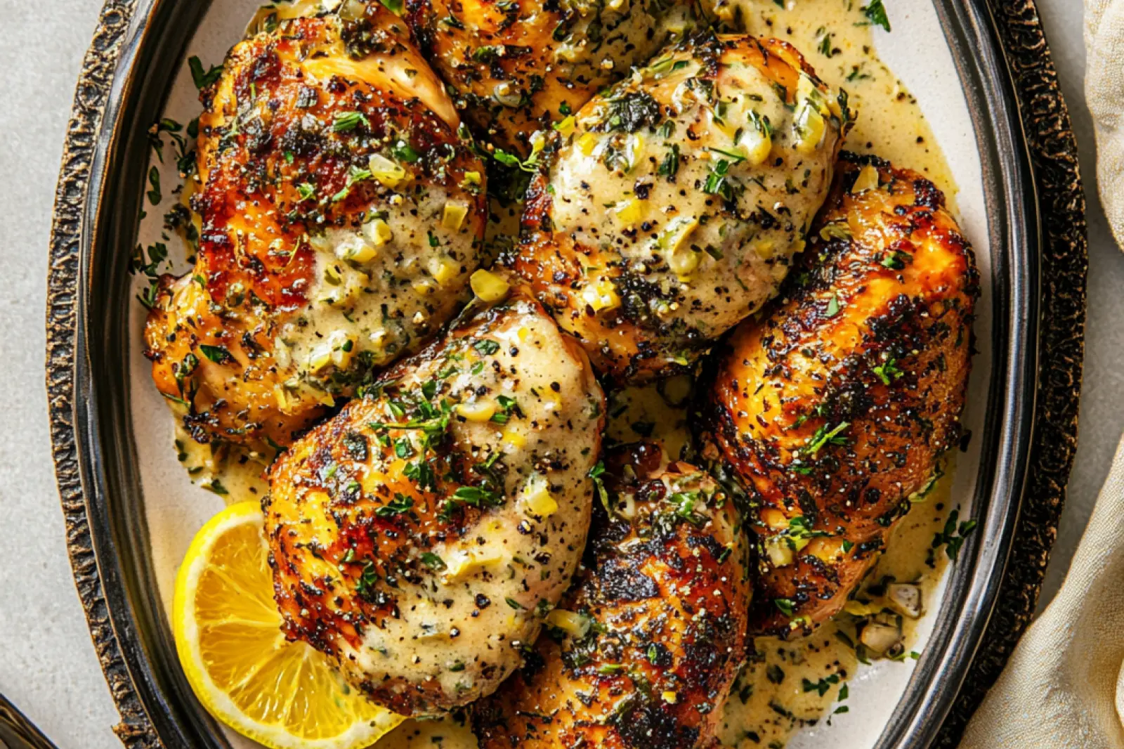 CREAMY LEMON GARLIC CHICKEN THIGHS centered hero view, clean and uncluttered