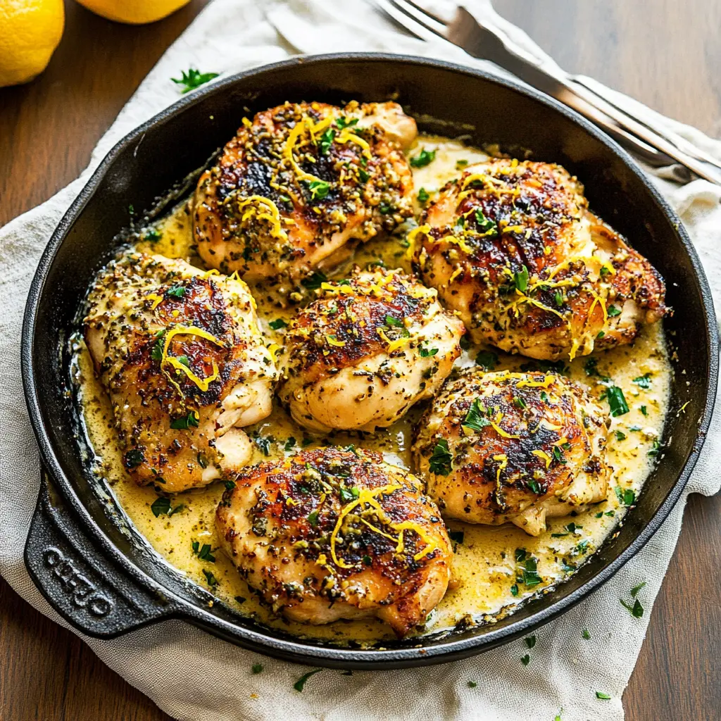 Creamy Lemon Garlic Chicken Thighs Easy Weeknight Dinner 3 CREAMY LEMON GARLIC CHICKEN THIGHS centered hero view, clean and uncluttered